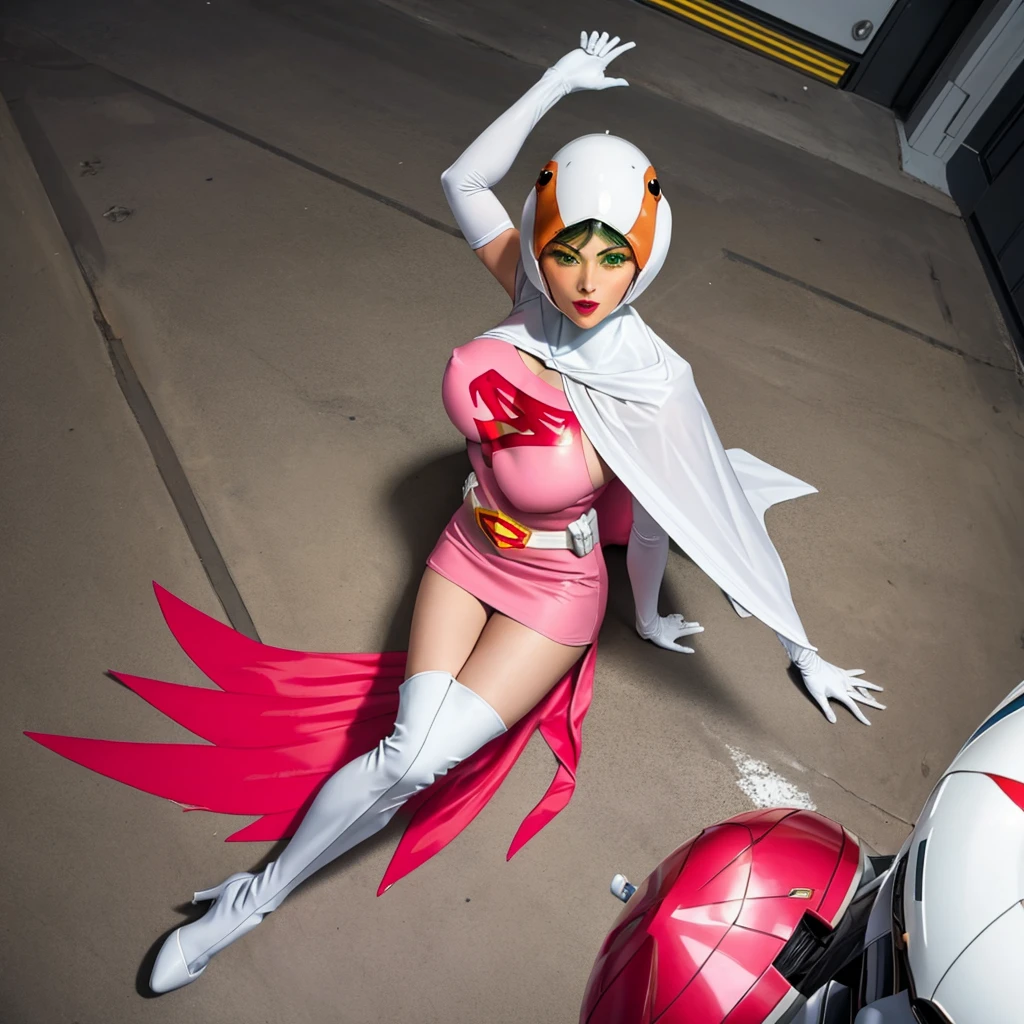 ANI_CLASSIC_jun_gatchaman_ownwaifu,1girl, 15yo,good anatomy, masterpiece, best quality,realistic, hyperrealistic, 16k hdr, long hair,breasts,green eyes,lips,large breasts,lipstick,makeup,gloves,cape,helmet,belt,elbow gloves,white gloves,mask,ultra miniskirt,leotard,spacesuit,white tight overknee highheels boots,pink dress,superhero,bodysuit,cleavage,erected nipples,(sexy pose,view from above),(spread legs:1.1),cameltoe
