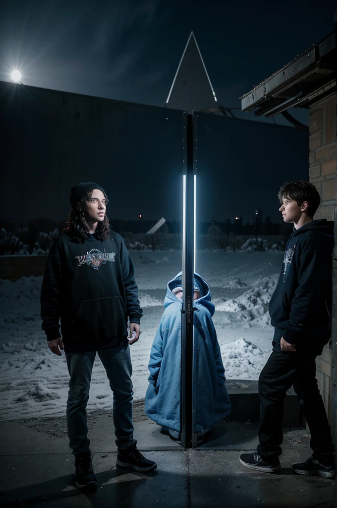 Photograph of two wizards facing each other, two agers in the middle, two teens are a girl and a boy, the two wizards facing each other are the wizard in a blue cold sweatshirt on the left side and the wizard in a black cold sweatshirt on the right side while facing each other, action scene, cinema image, 8k, Ultra HD, maximum quality, high definition