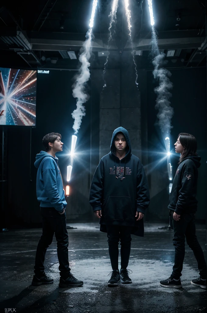 Photograph of two wizards facing each other, two teenagers in the middle, two teenagers are a girl and a boy, the two wizards facing each other are the wizard in a blue cold sweatshirt on the left side and the wizard in a black cold sweatshirt on the right side while facing each other, action scene, cinema image, 8k, Ultra HD, maximum quality, high definition