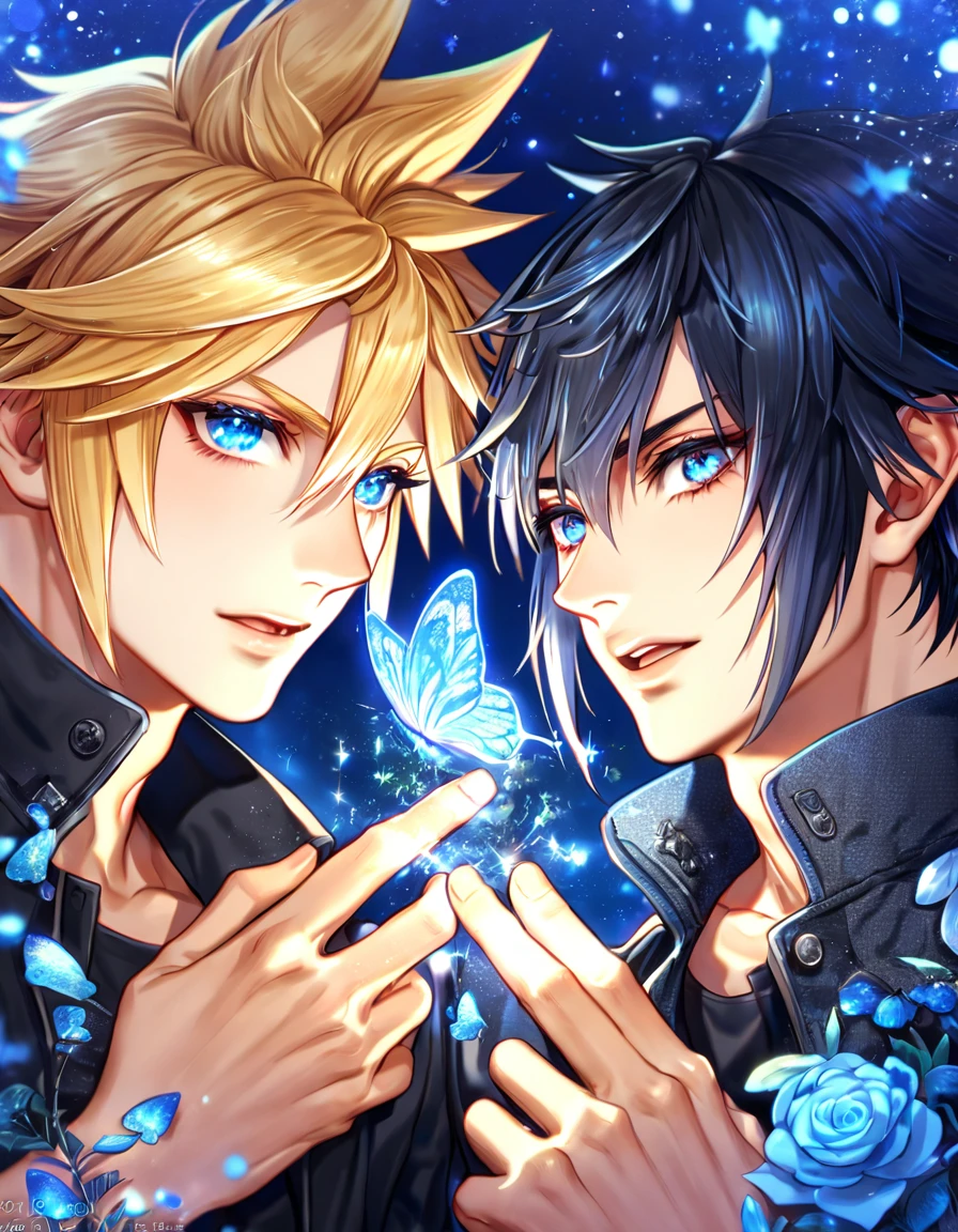 absurdres, highres, ultra detailed, HDR, master piece, best quality, extremely detailed, Cloud Strife, blonde hair, expressive blue eyes, Final Fantasy, Noctis Lucis Caelum, black hair, expressive blue eyes, two sexy men together, gay couple, yaoi, handsome, black clothes, fantasy, magic, sparkling, blue glittering fireflies, blue moon, blue flowers, blue butterflies, starry sky