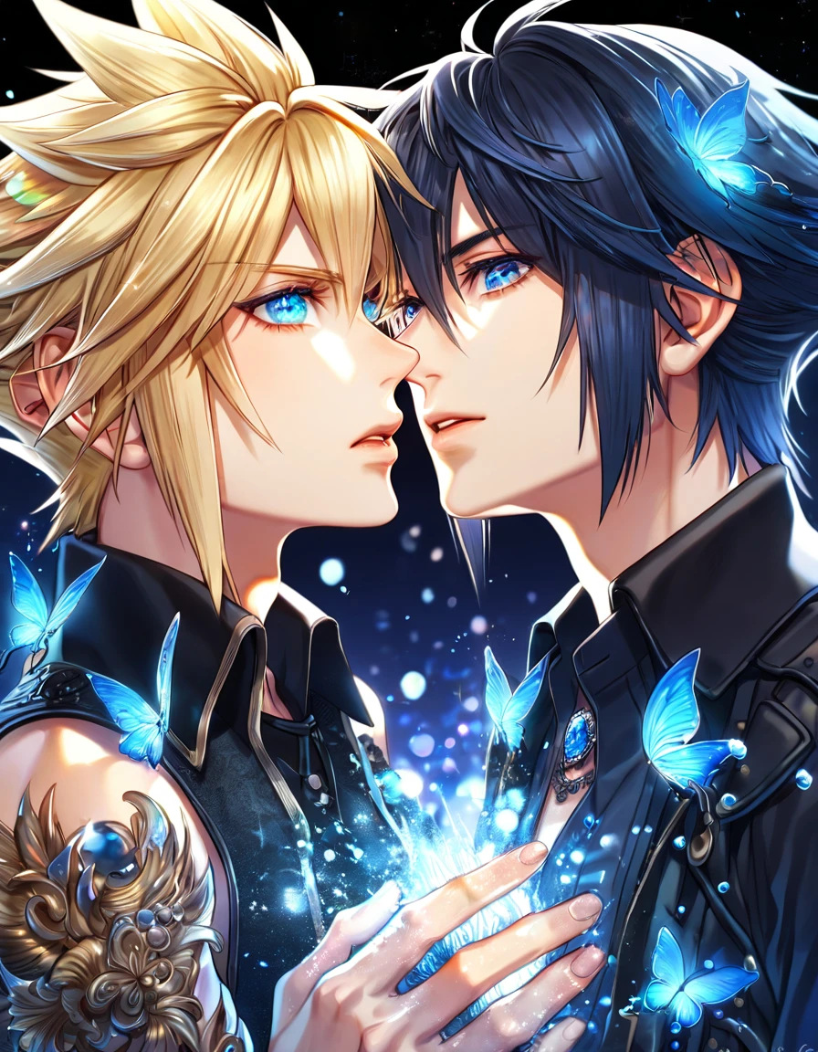 absurdres, highres, ultra detailed, HDR, master piece, best quality, extremely detailed, Cloud Strife, blonde hair, expressive blue eyes, Final Fantasy, Noctis Lucis Caelum, black hair, expressive blue eyes, two sexy men together, gay couple, yaoi, handsome, black clothes, fantasy, magic, sparkling, blue glittering fireflies, blue moon, blue flowers, blue butterflies, starry sky