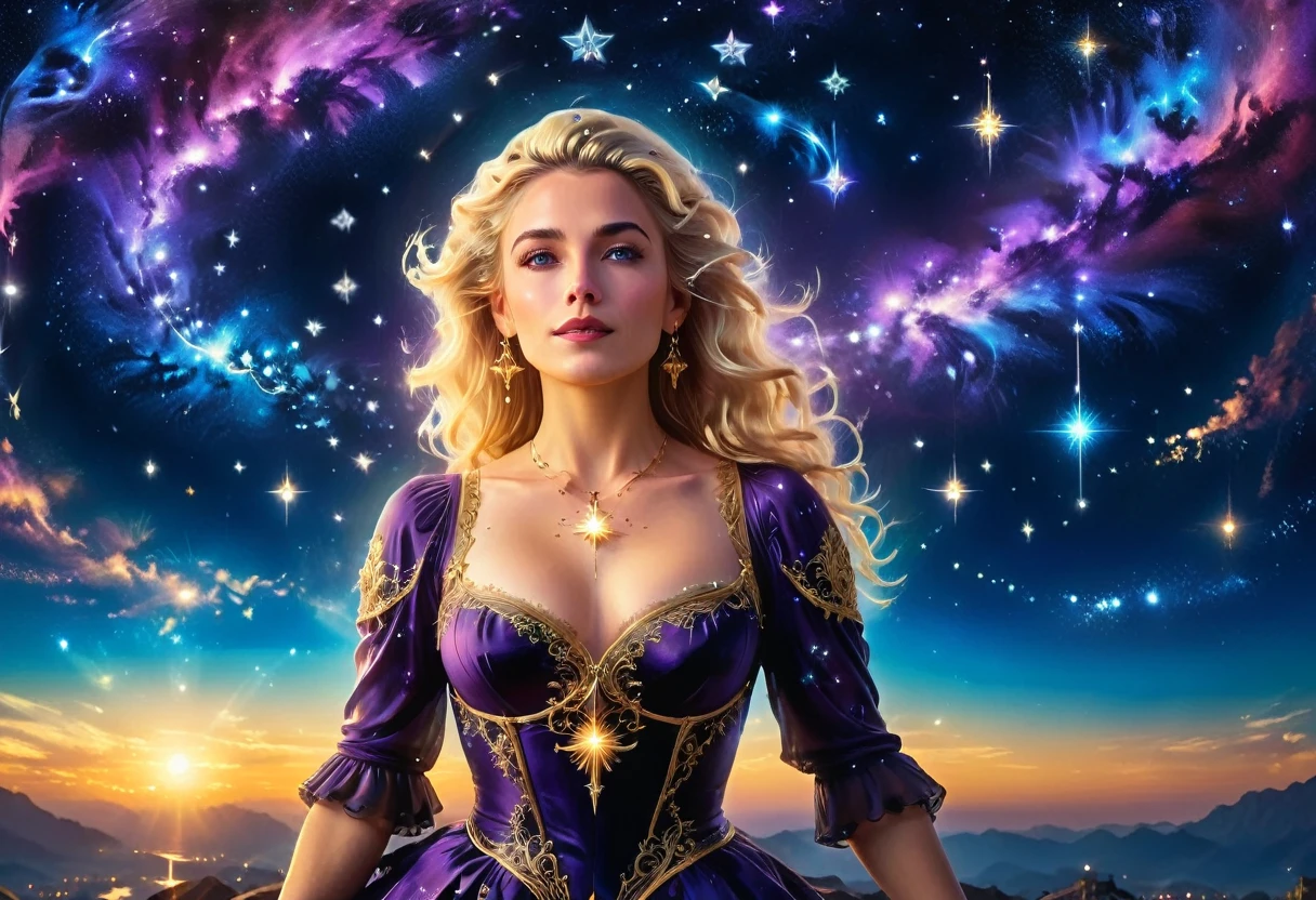 a portrait of an astrologer looking to the sky at libra constellation in the night sky, an extraordinary beautiful woman, there is magic in her eyes divining the future from the Libra constellation, blond hair, dynamic hair style, wearing an intricate dark purple dress decorated with glowing stars, she looks to the night sky seeing the ((Libra constellation in the sky: 1.5)), vibrant, Ultra-high resolution, High Contrast, (masterpiece:1.5), highest quality, Best aesthetics), best details, best quality, highres, 16k, [ultra detailed], masterpiece, best quality, (extremely detailed), Cinematic Hollywood Film, magical sky, FireMagicAI, dark novel