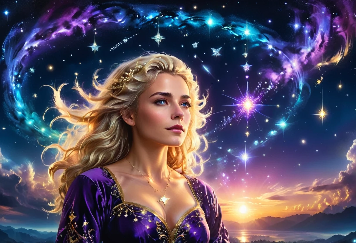 a portrait of an astrologer looking to the sky at libra constellation in the night sky, an extraordinary beautiful woman, there is magic in her eyes divining the future from the Libra constellation, blond hair, dynamic hair style, wearing an intricate dark purple dress decorated with glowing stars, she looks to the night sky seeing the ((Libra constellation in the sky: 1.5)), vibrant, Ultra-high resolution, High Contrast, (masterpiece:1.5), highest quality, Best aesthetics), best details, best quality, highres, 16k, [ultra detailed], masterpiece, best quality, (extremely detailed), Cinematic Hollywood Film, magical sky, FireMagicAI, dark novel