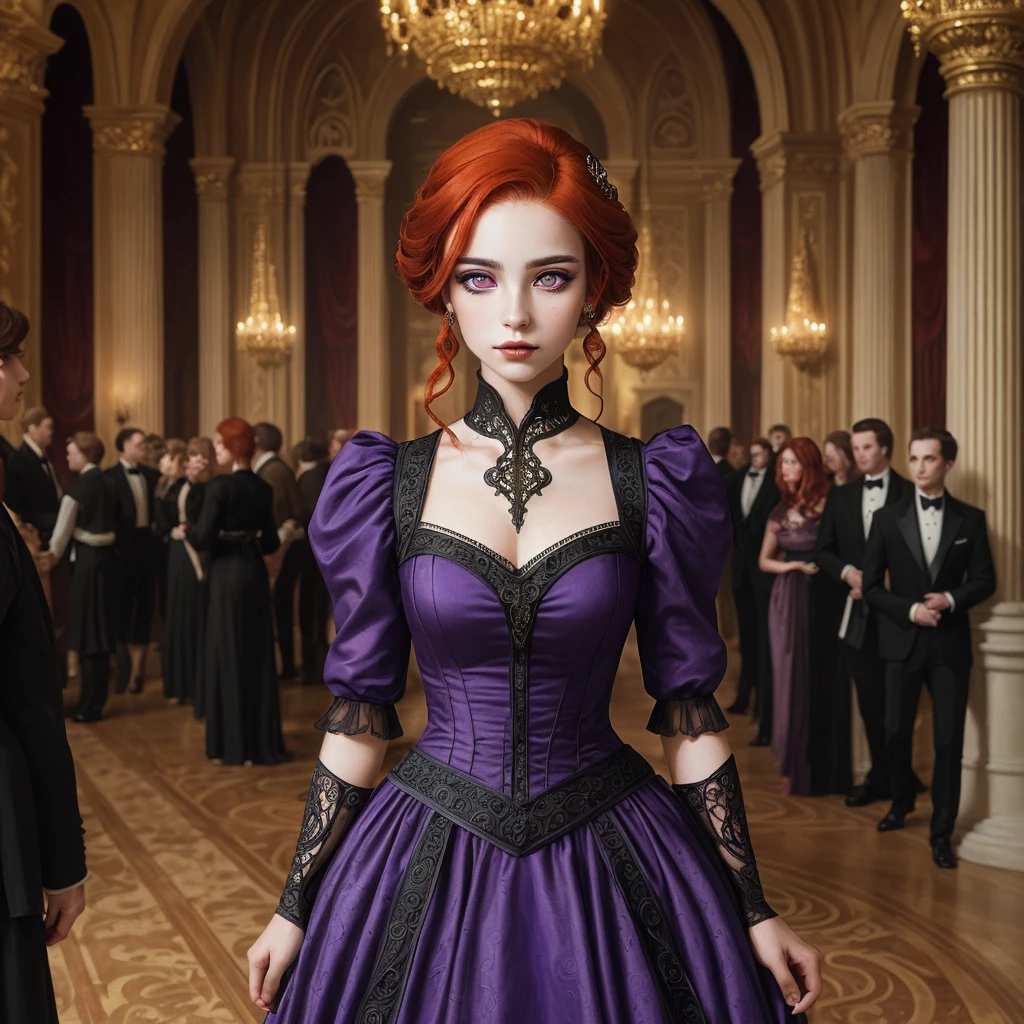 (masterpiece), (extremely intricate:1.3), (realistic), Portrait of a woman with the facial appearance of Sandy Leah Lima at 22 years old, wearing a dress in the color of camellia flowers, with beautiful vivid red hair, styled in a slightly gothic fashion. An elegant gothic princess, set in a medieval ballroom. Camera angle: Medium shot, highlighting her grace and the ornate details of the ballroom setting, capturing the regal and mystical ambiance of the scene, (detailed face:1.2), (purple eyes:1.2)