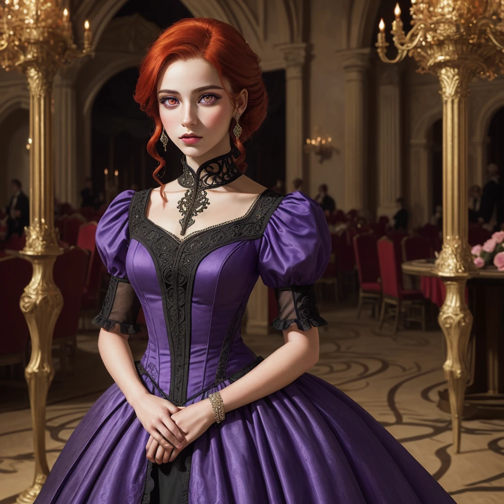  (masterpiece), (extremely intricate:1.3), (realistic),  Portrait of a woman with the facial appearance of Sandy Leah Lima at 22 years old, wearing a dress in the color of camellia flowers, with beautiful vivid red hair, styled in a slightly gothic fashion. An elegant gothic princess, set in a medieval ballroom. Camera angle: Medium shot, highlighting her grace and the ornate details of the ballroom setting, capturing the regal and mystical ambiance of the scene, (detailed face:1.2), (purple  eyes:1.2) 