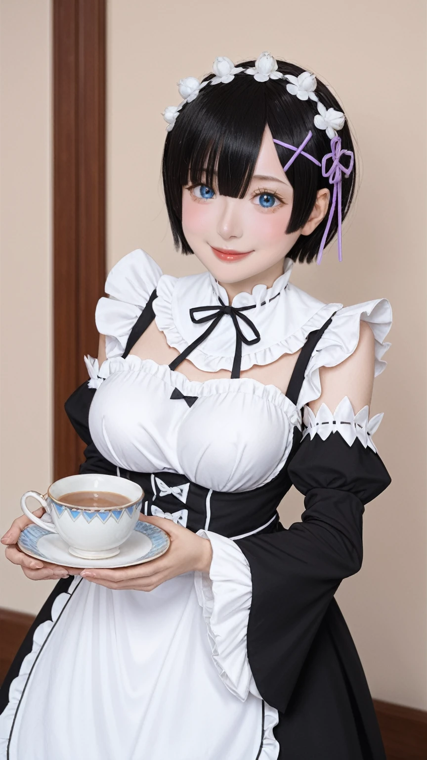 realistic,score_9, score_8_up, score_7_up, UnderBoob, very aesthetic, absurdres,rem_(re:zero), re:zero_kara_hajimeru_isekai_seikatsu, 1girl, blue_eyes, short_hair, blue_hair, hair_over_one_eye, asymmetrical_bangs, x_hair_ornament,wide_sleeves, apron, black_hair, black_sleeves, blunt_bangs, blush, breasts, detached_sleeves, dress, frilled_apron, frilled_sleeves, frills, hairband, juliet_sleeves, long_sleeves, maid, maid_apron, neck_ribbon, puffy_sleeves, ribbon, sleeveless, sleeveless_dress, waist_apron,  smile, solo, teacup, teapot, upper_body, blue_flower, floral_background, flower,  looking_at_viewer, 