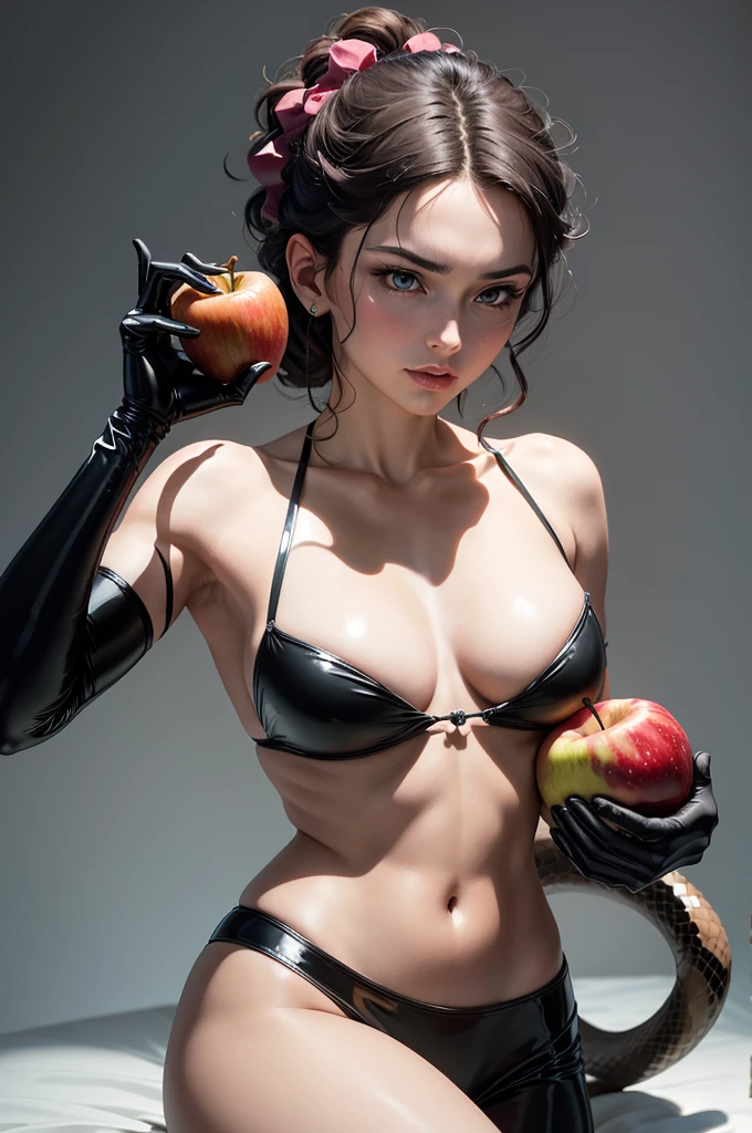 A close shot of hand, a black latex gloved hand,holding a snake and an apple in their hand, inspired by Hedi Xandt, in style of robert mapplethorpe, inspired by Robert Mapplethorpe, with apple, by Hedi Xandt, one holds apple in hand, about to consume you, inspired by Michelangelo Merisi da Caravaggio, done in the style of caravaggio