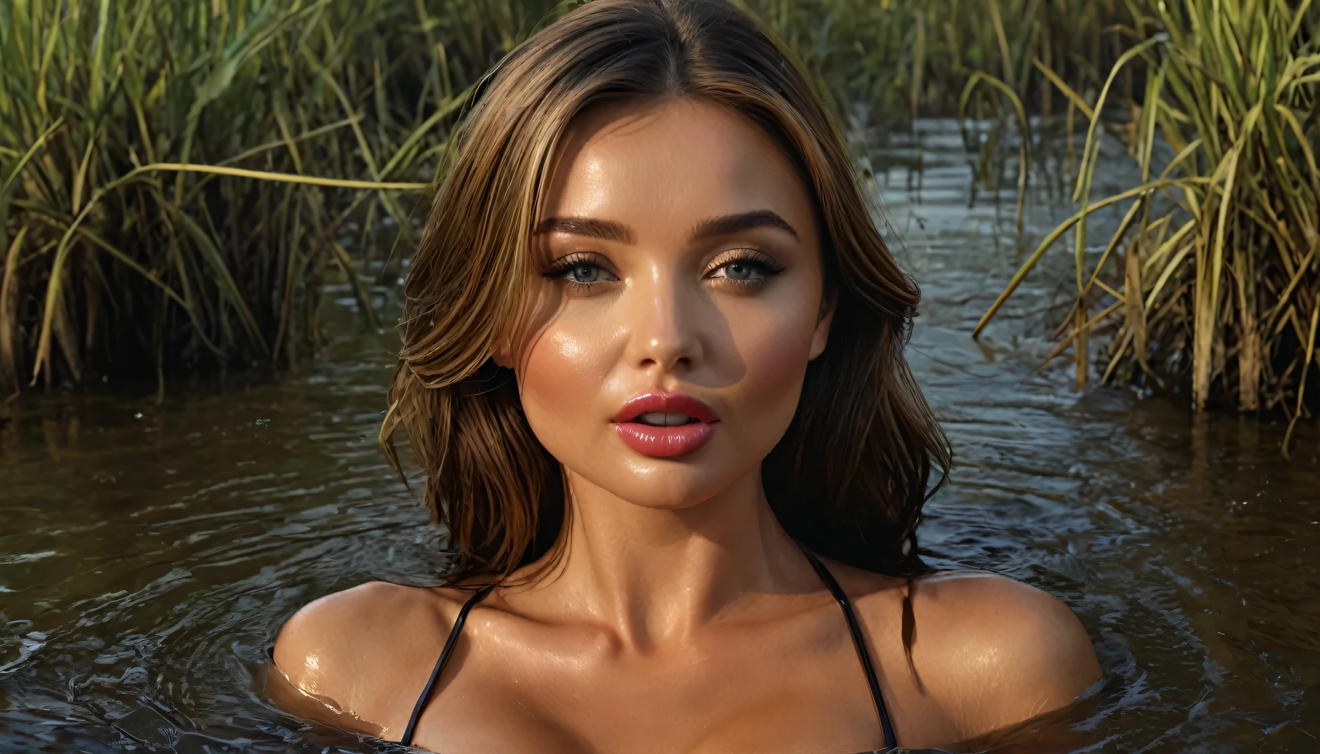 (Best Quality,4k,8k,High resolution,Masterpiece:1.2),ultra detailed,(realist,photorealist,photo-realist:1.37),portraits,detailed open eyes,detailed lips,long eyelashes,beautiful girl,drowning in a swamp,Closed eyes,swamp water,chest,floating,illustration,Cowboys,leather bikini,sexy expression,Mysterious atmosphere,dark shades,subtle lighting,vivid colors, half body shot, face of Miranda Kerr