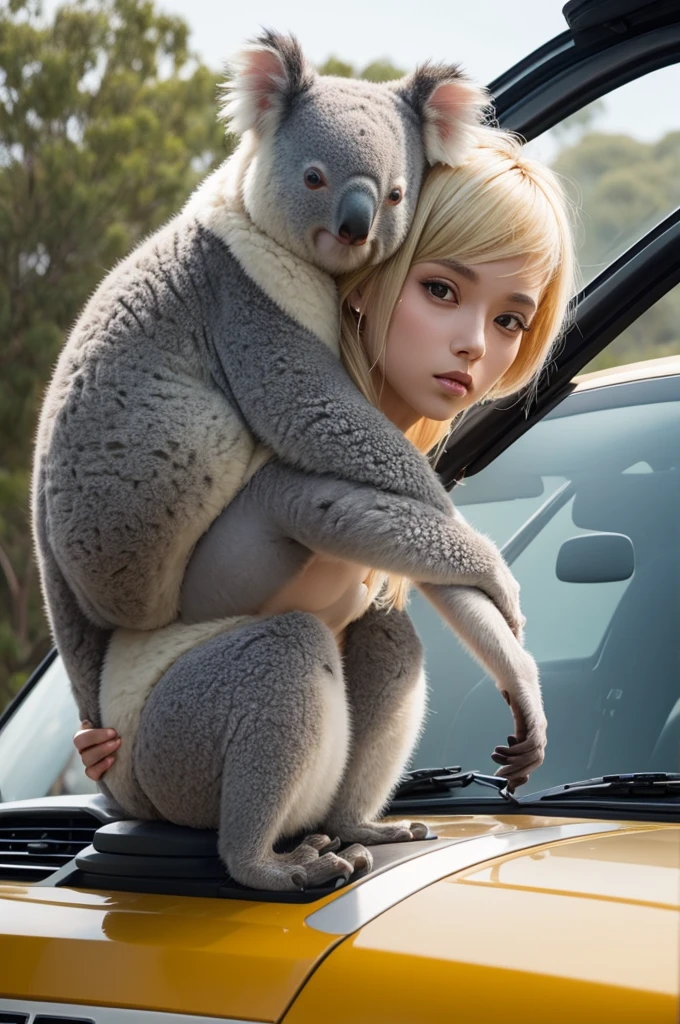 Female koala with blonde hair looking sideways on top of a car