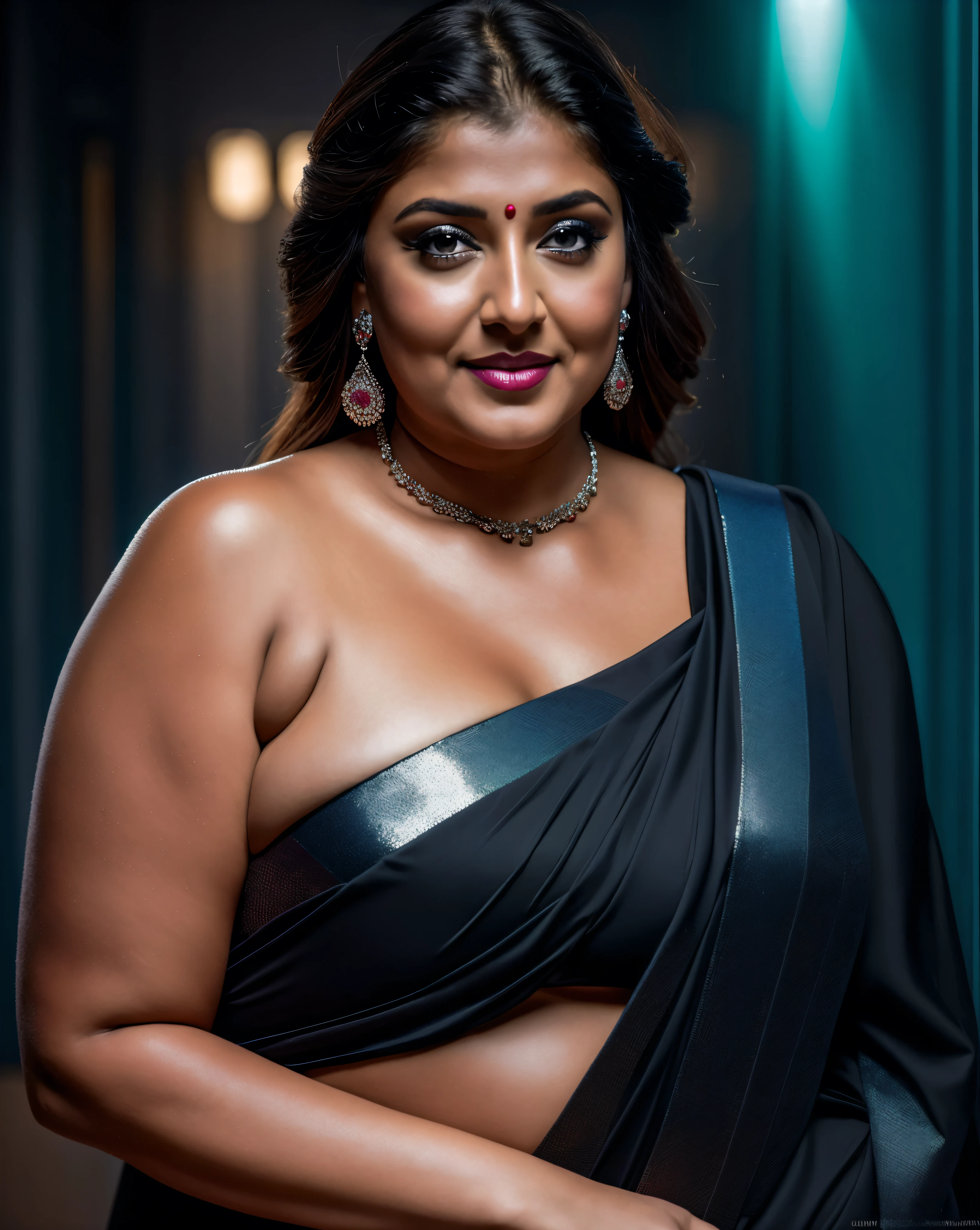 Looks like Nayanthara, milf, cougar lady witch, horny Gothic milf, 50 years old gorgeous mature lady, pervert demoness, demoness of lust, curvy, black lips, horny face, extremely gorgeous, thick figure, heavy physique, voluptuous, curvy, sexy figure, Fashionable portrait of androgynous alien looking witch wearing veil, glowing eyes, futuristic design, minimal details, givenchy, photoreal, 200mm, hd, f/ 2.0, highly detailed, surreal, sexy beautiful evil woman, sexy bold sequin Saree with strapless Bra, chudail, Pishachini, horror genre, blood-thirsty enchantress, powerful female spirit, eerie, drop dead, in the style of red and blue, (intricate details, hyperdetailed:1.15) (skin texture:1.2), dark Moody tone, cinematic lighting, haunted place in background,
