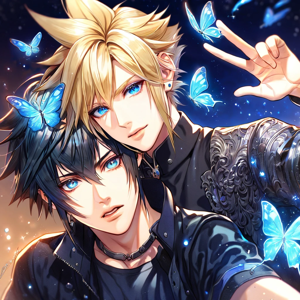 absurdres, highres, ultra detailed, HDR, master piece, best quality, extremely detailed, Cloud Strife, blonde hair, expressive blue eyes, Final Fantasy, Noctis Lucis Caelum, black hair, expressive blue eyes, two sexy men together, gay couple, yaoi, handsome, black clothes, fantasy, magic, sparkling, blue glittering fireflies, blue moon, blue flowers, blue butterflies, starry sky