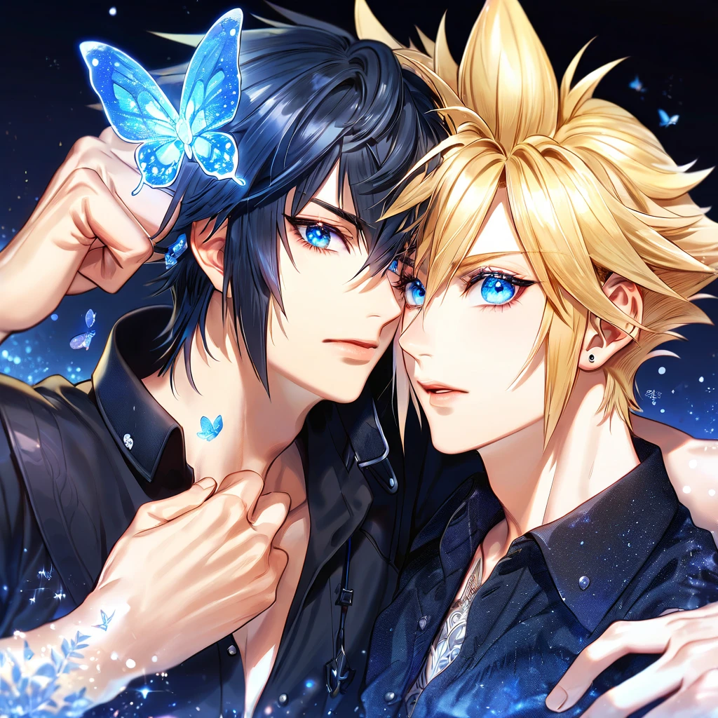 absurdres, highres, ultra detailed, HDR, master piece, best quality, extremely detailed, Cloud Strife, blonde hair, expressive blue eyes, Final Fantasy, Noctis Lucis Caelum, black hair, expressive blue eyes, two sexy men together, gay couple, yaoi, handsome, black clothes, fantasy, magic, sparkling, blue glittering fireflies, blue moon, blue flowers, blue butterflies, starry sky