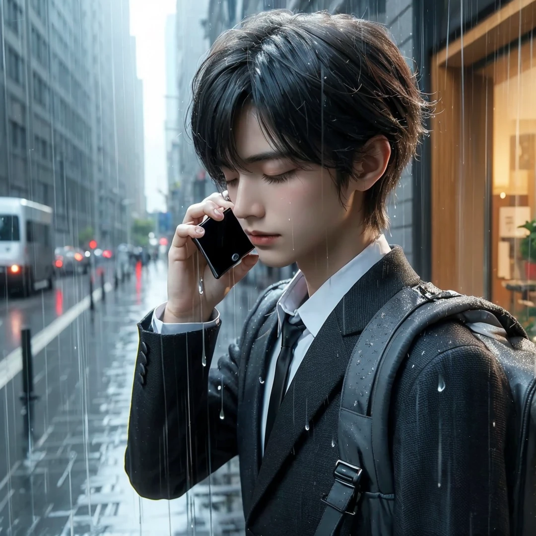 Handsome boy, black hair, closing eyes while crying, wearing black formal with black necktie, wearing black backpack, holding phone, raining