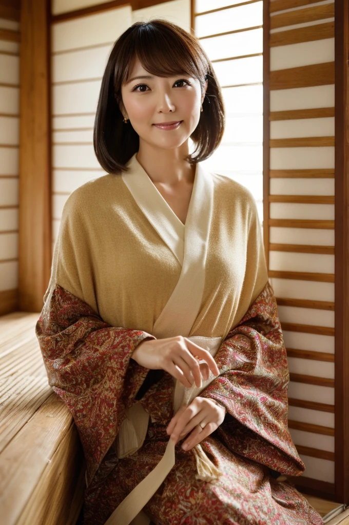 Browsing Caution, ((Highest quality)), ((8K)), ((masterpiece: 1.3)), (Perfect appearance), (Photorealism: 1.2), (KE), (JMA), (free), (Standing woman), Japanese women, (38 years old), Married women, ((Realistic skin texture 1.8)), (Fine wrinkles appear all over the skin: 1.3), (Dullness: 1.1), (Unmoisturized skin: 1.2) , (Facial wrinkles: 0.9), (Wrinkles around the eyes: 1.2), double eyelid, Lower eyelid tear trough, (Crying Mole: 0.9), The eyes are looking here, Smile with your lips slightly open, (Dimples: 1.2), The bangs are short, Long Hair, ponytail, Kimono with floral pattern on a light purple background, White tabi, Sandals, ((whole body)),