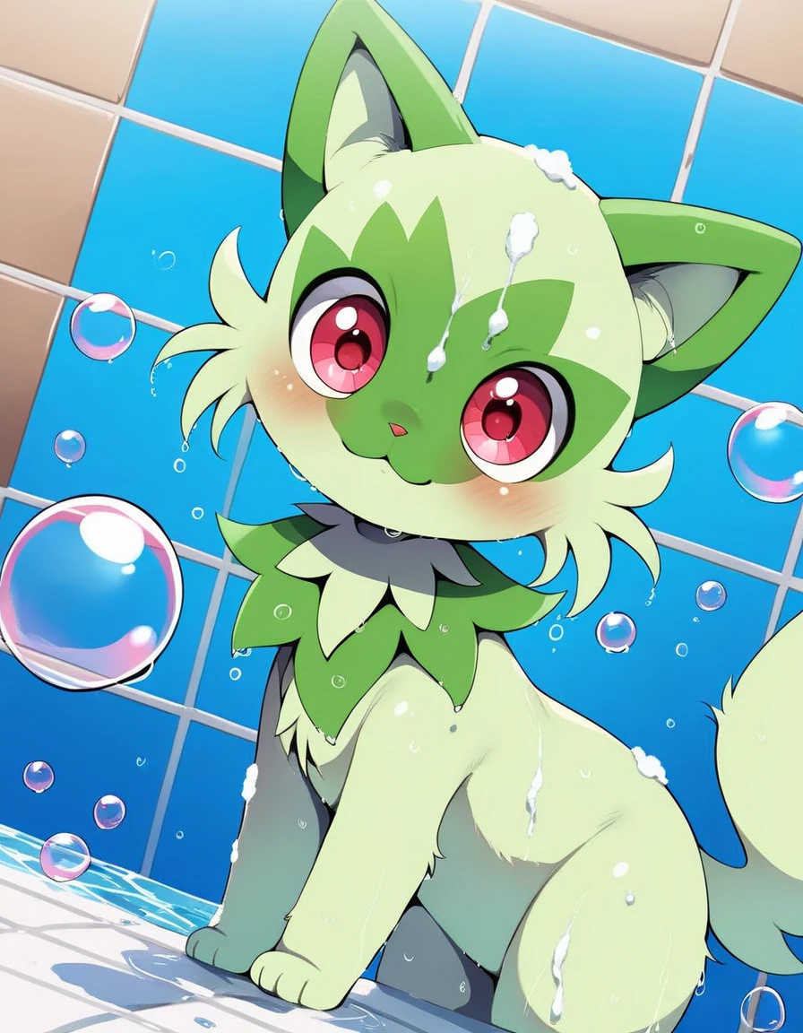 score_9_up, score_8_up, score_7_up, source_anime, dagasi_style, (masterpiece, perfectly detailed, detailed face, detailed eyes, beautiful eyes), PokeMaster_PS, pikachu_pokemon, sprigatito_pokemon, no humans, pokemon (creature), red eyes, bubble, soap bubbles, wet, :<, cat, water drop, closed mouth, tiles, indoors, solo