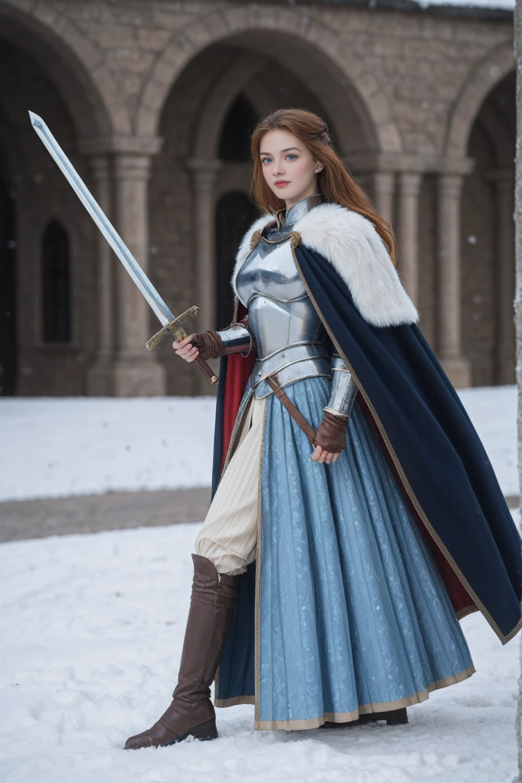 realistic,score_9, score_8_up, score_7_up, SideBoob,UnderBoob,
hyper detailed, ultra detailed, uhd, beautiful girl, perfect anatomy, perfect body, model, stylish pose, wearing full plate body fantastic armor with cape, holding huge crystal sword, snowy medieval road, (random color:1.4),
long hair, various hairstyles, blue eyes,
extremely detailed,Dynamic poses,