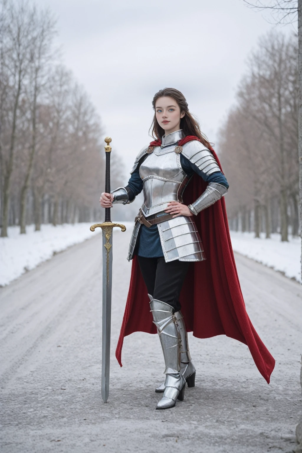 realistic,score_9, score_8_up, score_7_up, SideBoob,UnderBoob,
hyper detailed, ultra detailed, uhd, beautiful girl, perfect anatomy, perfect body, model, stylish pose, wearing full plate body fantastic armor with cape, holding huge crystal sword, snowy medieval road, (random color:1.4),
long hair, various hairstyles, blue eyes,
extremely detailed,Dynamic poses,