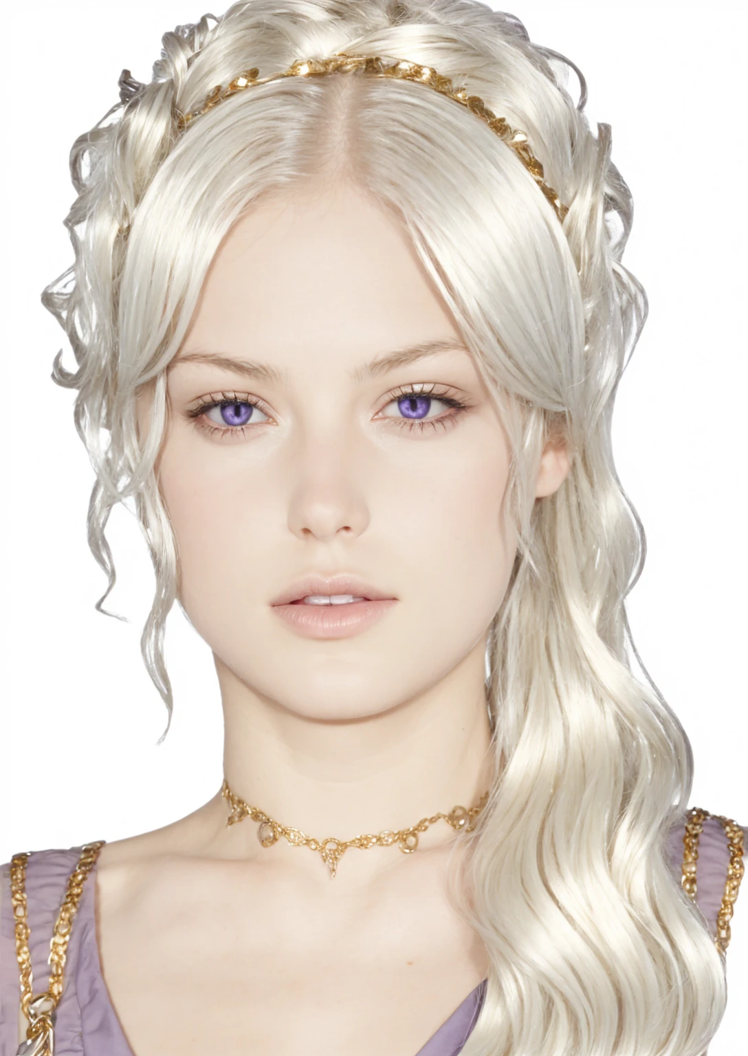 Girl, silver-gold hair, purple eyes, European, 