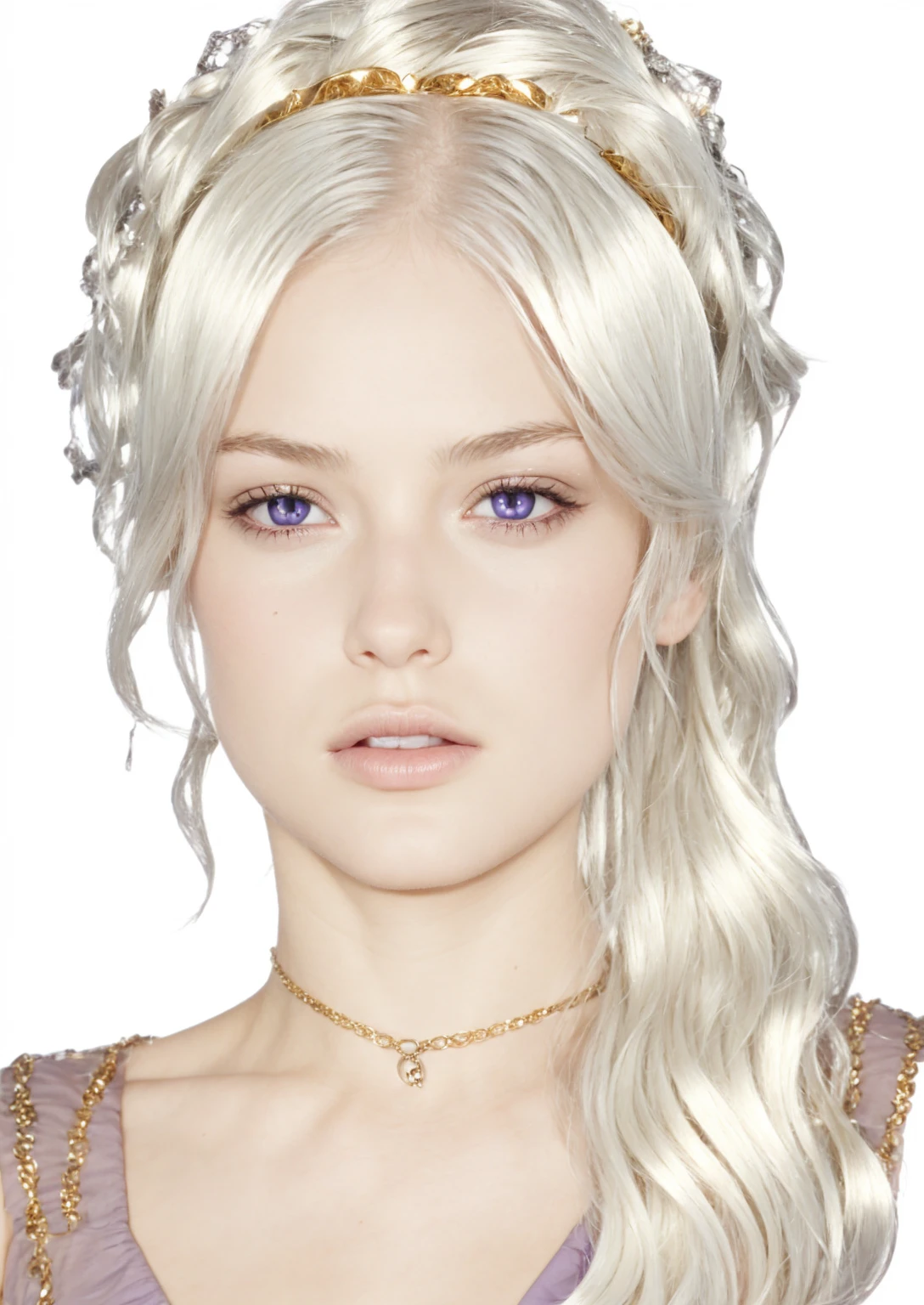 Girl, silver-gold hair, purple eyes, European,