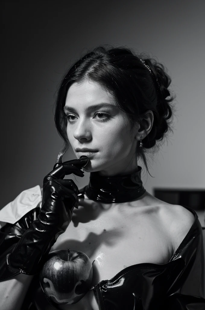 A close shot of hand, a black latex gloved hand,holding a snake and an apple in their hand, inspired by Hedi Xandt, in style of robert mapplethorpe, inspired by Robert Mapplethorpe, with apple, by Hedi Xandt, one holds apple in hand, about to consume you, inspired by Michelangelo Merisi da Caravaggio, done in the style of caravaggio