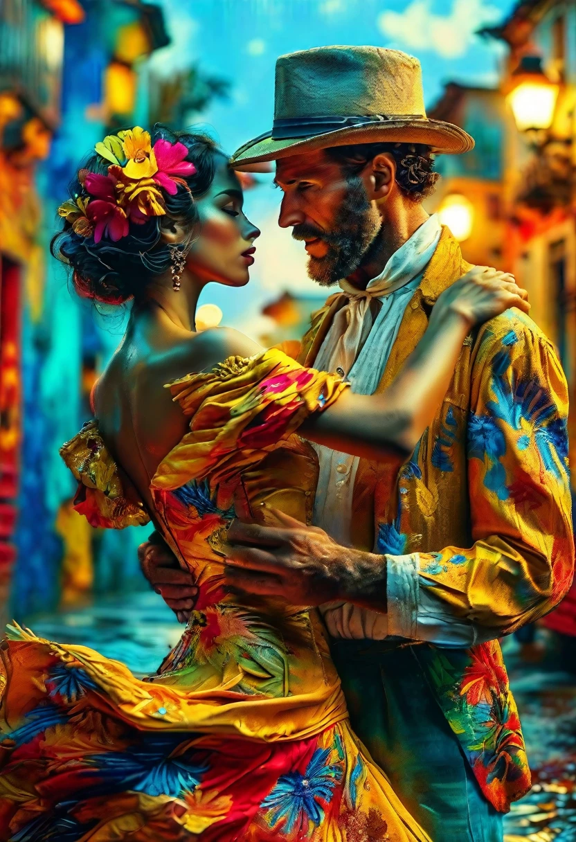 In this captivating 8K HD photorealistic digital painting, the enchanting spirit of a passionate Cuban Rumba dance is brilliantly captured in a Van Gogh-inspired style. The scene features two dancers dressed in vibrant, intricately designed costumes adorned with bold patterns and colors, moving gracefully in perfect unison. Their bodies intertwine in fluid, sensual motions, reflecting the intense energy of the dance. Golden lighting enhances the depth and emotion of the image, with the architecturally rich setting serving as a mesmerizing backdrop. This high-quality, high-detail portrait masterfully blends photography, illustration, and painting, immersing the viewer in the captivating world of Cuban Rumba. This stunning piece showcases a mesmerizing fusion of painting, cinematic, illustration, vibrant, painting, portrait photography, illustration, fashion, vibrant, cinematic, architecture