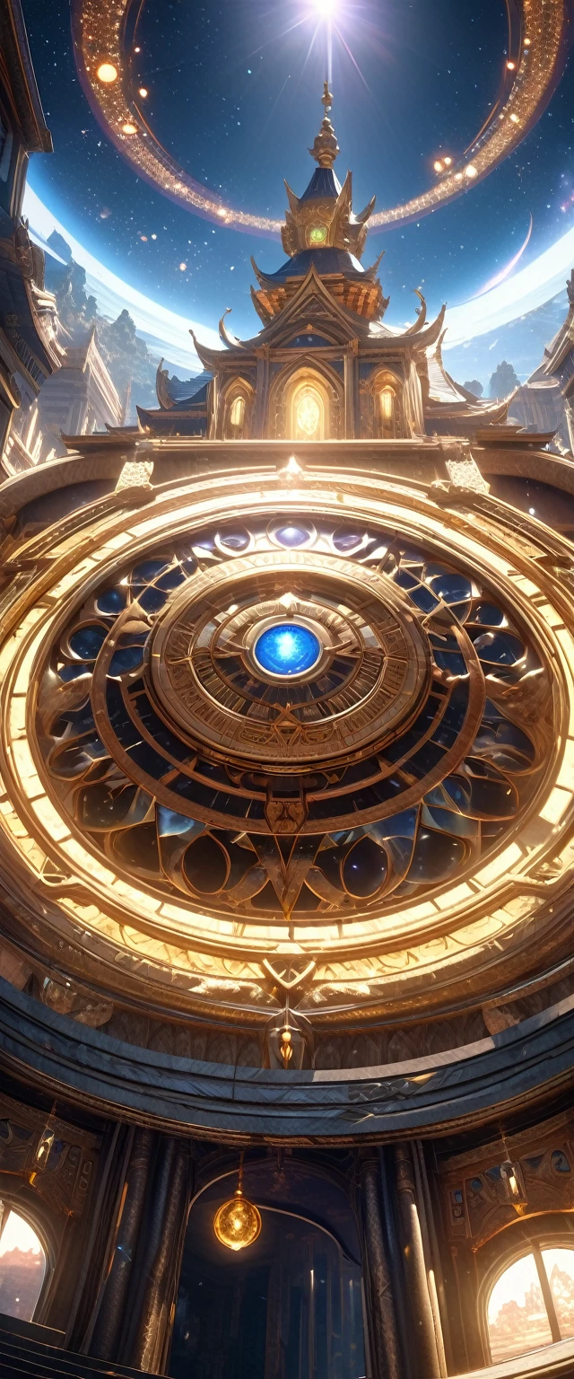 Close up of beautiful celestial astrologer, twisted space, Astrology and the glorious fortune telling palace in the background, Anime fantasy art.lens flare, Optical axis, Intricate details, high detail, Volumetric lighting, 4k Rendering, Image, Surreal, Realistic textures, dramatic lighting, Unreal Engine