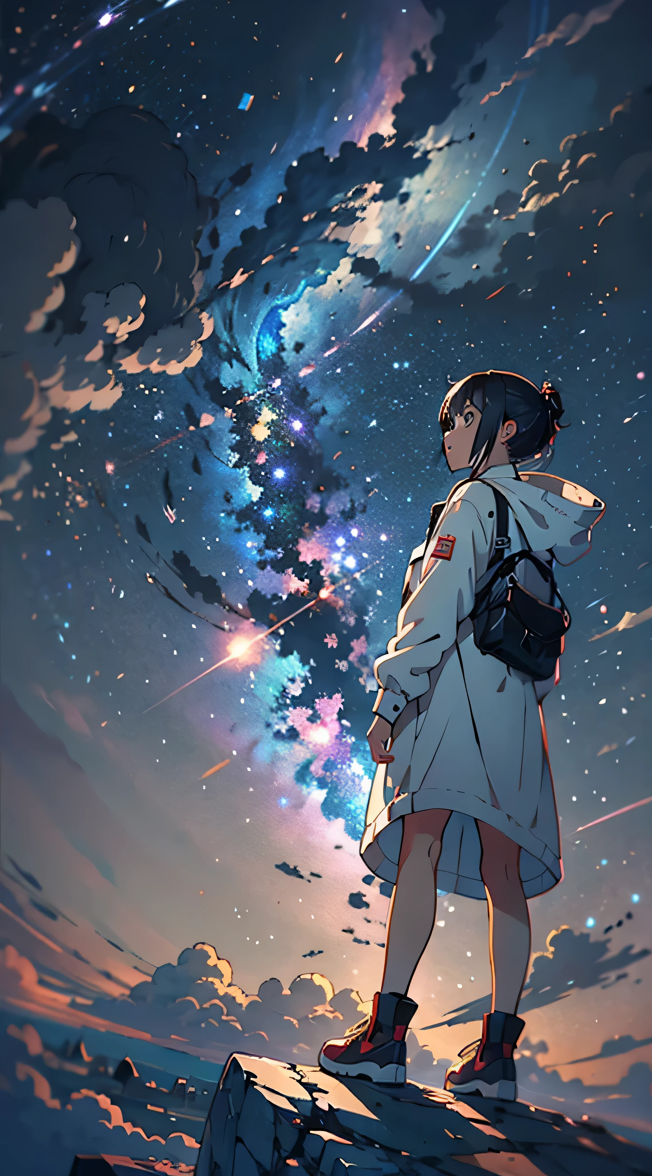 Anime girl standing on a rock looking at the star-filled night sky, Makoto Shinkai Cyril Rolland, anime art wallpaper 4k, anime art wallpaper 4k, Anime Art Wallpapers 8K, by Makoto Shinkai, Inspired by Cyril Rolland, Dan Mumford's Artwork Style, Awesome Wallpapers, by Yuumei
