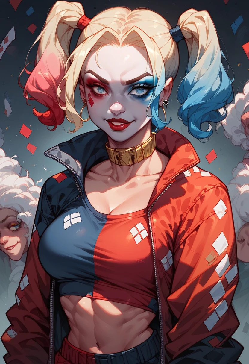 score_9, score_8_up, score_8_up, godrays, 1girl, harley quinn, pose, , cumm on boods, sexy, enticing