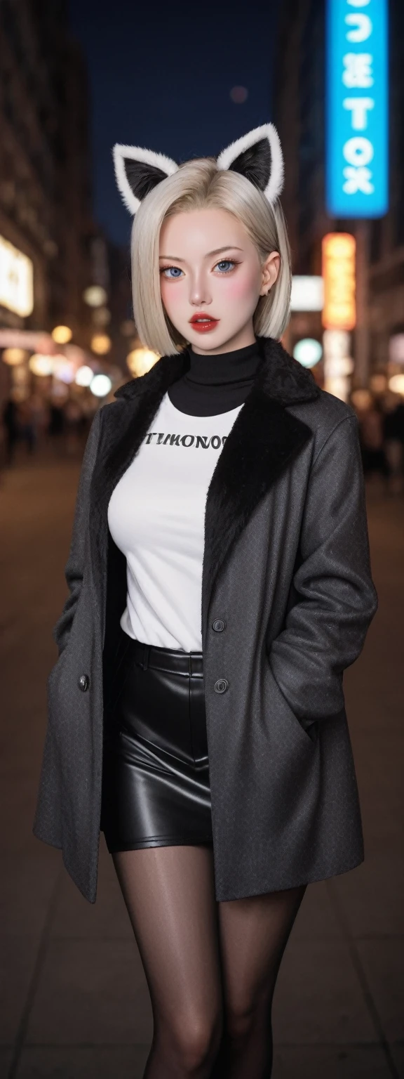 realistic,score_9, score_8_up, score_7_up,
In this futuristic CG wallpaper masterpiece set in the year 4096, a mature female Kpop idol stands on a bustling, neon-lit street. Captured by a Nikon D750 with a f/1.4 55mm lens, her dynamic pose and advanced lighting techniques, including photon mapping and radiosity, create an ultra-realistic and highly detailed effect. She stares intently at the viewer, her blush highlighting her lustrous, oil-like skin. Her face is intricately detailed, featuring wavy gray hair and a sophisticated style, exuding aegyo sal with puffy eyes, long eyelashes, parted lips, and red lipstick. Her broad shoulders and medium breasts are subtly revealed beneath her futuristic attire, which includes animal ears, thigh-highs, and a silk coat inspired by Song Dynasty clothing. Her curvaceous figure is elegantly accentuated by her attire, completing her striking and mature presence in this advanced, neon-drenched urban landscape.Android 18,SideBoob,