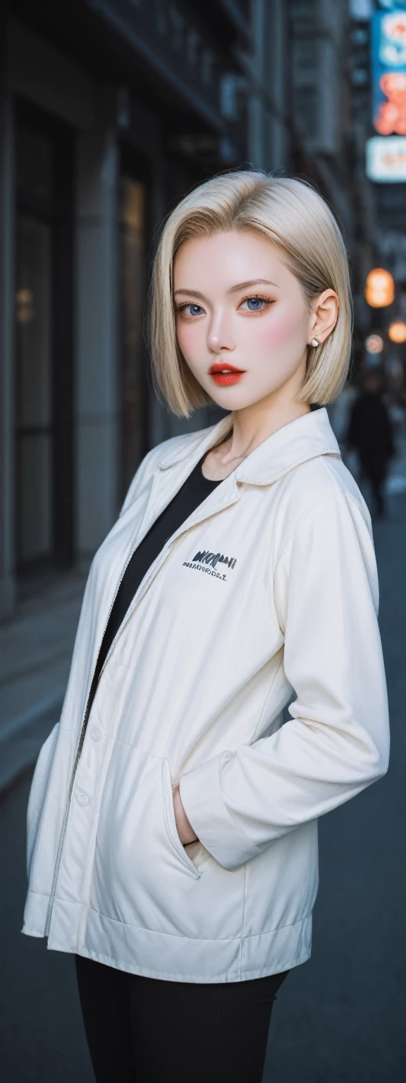 realistic,score_9, score_8_up, score_7_up,
In this futuristic CG wallpaper masterpiece set in the year 4096, a mature female Kpop idol stands on a bustling, neon-lit street. Captured by a Nikon D750 with a f/1.4 55mm lens, her dynamic pose and advanced lighting techniques, including photon mapping and radiosity, create an ultra-realistic and highly detailed effect. She stares intently at the viewer, her blush highlighting her lustrous, oil-like skin. Her face is intricately detailed, featuring wavy gray hair and a sophisticated style, exuding aegyo sal with puffy eyes, long eyelashes, parted lips, and red lipstick. Her broad shoulders and medium breasts are subtly revealed beneath her futuristic attire, which includes animal ears, thigh-highs, and a silk coat inspired by Song Dynasty clothing. Her curvaceous figure is elegantly accentuated by her attire, completing her striking and mature presence in this advanced, neon-drenched urban landscape.Android 18,SideBoob,