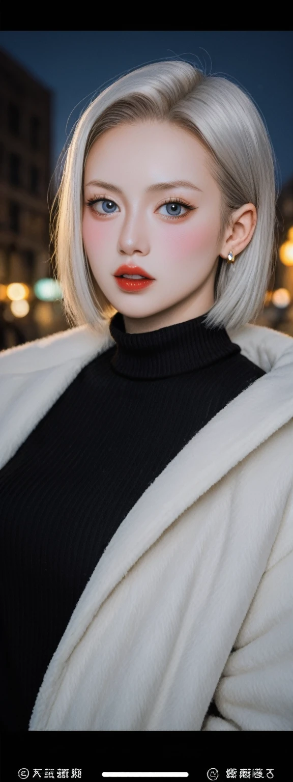 realistic,score_9, score_8_up, score_7_up,
In this futuristic CG wallpaper masterpiece set in the year 4096, a mature female Kpop idol stands on a bustling, neon-lit street. Captured by a Nikon D750 with a f/1.4 55mm lens, her dynamic pose and advanced lighting techniques, including photon mapping and radiosity, create an ultra-realistic and highly detailed effect. She stares intently at the viewer, her blush highlighting her lustrous, oil-like skin. Her face is intricately detailed, featuring wavy gray hair and a sophisticated style, exuding aegyo sal with puffy eyes, long eyelashes, parted lips, and red lipstick. Her broad shoulders and medium breasts are subtly revealed beneath her futuristic attire, which includes animal ears, thigh-highs, and a silk coat inspired by Song Dynasty clothing. Her curvaceous figure is elegantly accentuated by her attire, completing her striking and mature presence in this advanced, neon-drenched urban landscape.Android 18,SideBoob,