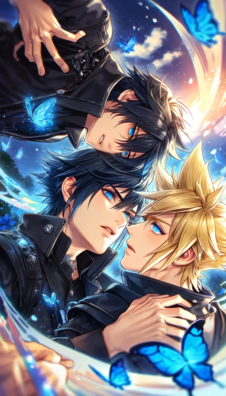 absurdres, highres, ultra detailed, HDR, master piece, best quality, extremely detailed, Cloud Strife, blonde hair, expressive blue eyes, Final Fantasy, Noctis Lucis Caelum, black hair, expressive blue eyes, two sexy men together, gay couple, yaoi, handsome, black clothes, fantasy, magic, sparkling, blue glittering fireflies, blue moon, blue flowers, blue butterflies, starry sky