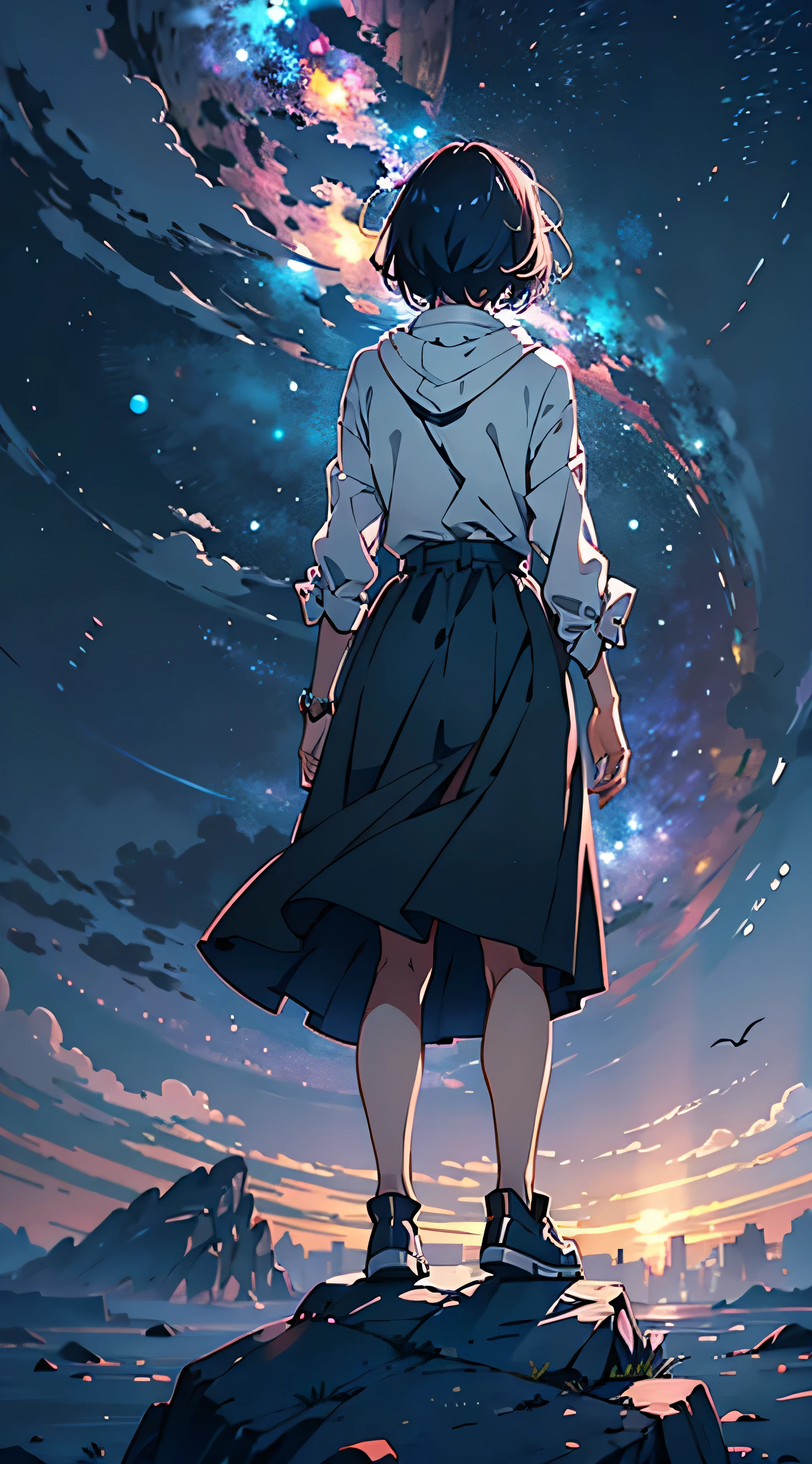 Anime girl standing on a rock looking at the star-filled night sky, Makoto Shinkai Cyril Rolland, anime art wallpaper 4k, anime art wallpaper 4k, Anime Art Wallpapers 8K, by Makoto Shinkai, Inspired by Cyril Rolland, Dan Mumford's Artwork Style, Awesome Wallpapers, by Yuumei