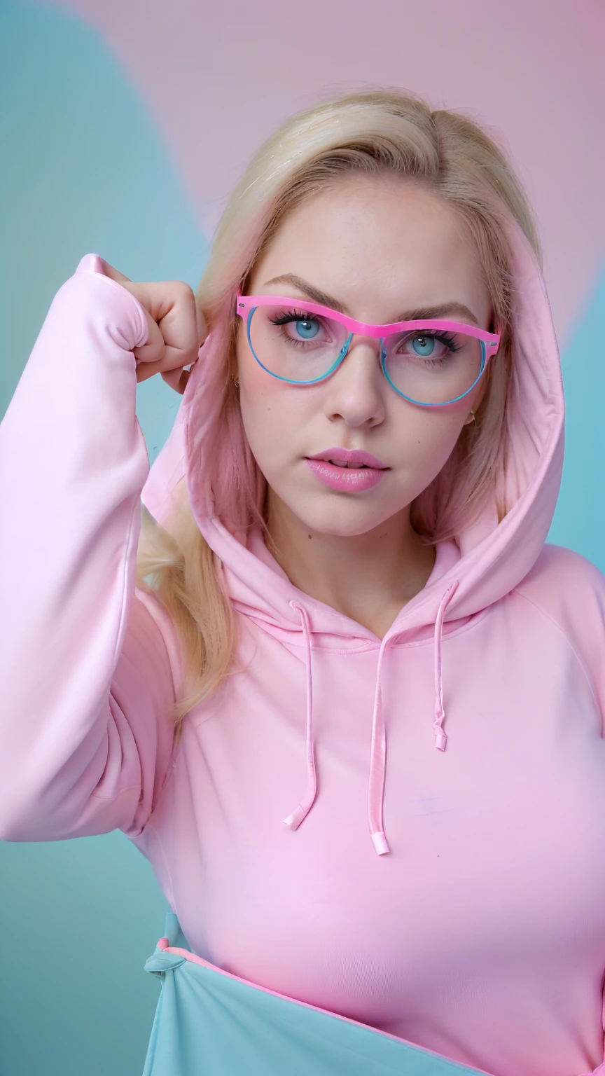  (18yo, curvy girl, bold eyebrows, blue eyes, soft makeup, puffy lips(bold coral-lips), long straight blonde decolored hair(slicked back-hair), porcelain skin(very pale skin), wide hips, large breasts, perfect hands, perfect fit legs). Pout face expression, ((hair with a large bow, Oversized hoodie(with "KASK" and "MOJITO" written on it), underwear peeking out(thong visible), oversized-eyeglasses, plastic bag,(Emphasizing facial expressions OR details in her outfit))). Curvy girl is captured in an asymmetrical pose(Holding-up two-finger in a gesture), The scene is captured on a faded film reminiscent of a 70mm(photo from decades past). A subtle haze and a soft focus on the background enhance the quality of the image, (backlighting), Horror movie effects,  -enhancing the overall composition.(((in a pink/teal colors palette theme))), Dutch Angle/Tilt: The camera is tilted to create a sense of disorientation or artistic tension. (((in a NEON pink/INDIGO colors palette theme))) ((CLOSE UP SHOT, WITH HER BOLD PINK LIPS))
