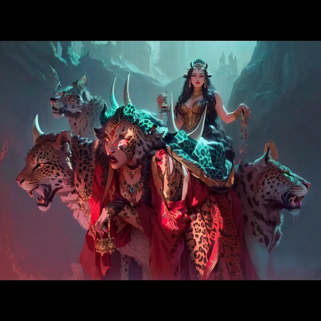 a mythological beast, the body of a leopard, containing 7 heads, with horns, plus a sensual woman, full of jewels, dressed in a long red dress, with a golden cup in her hand.
