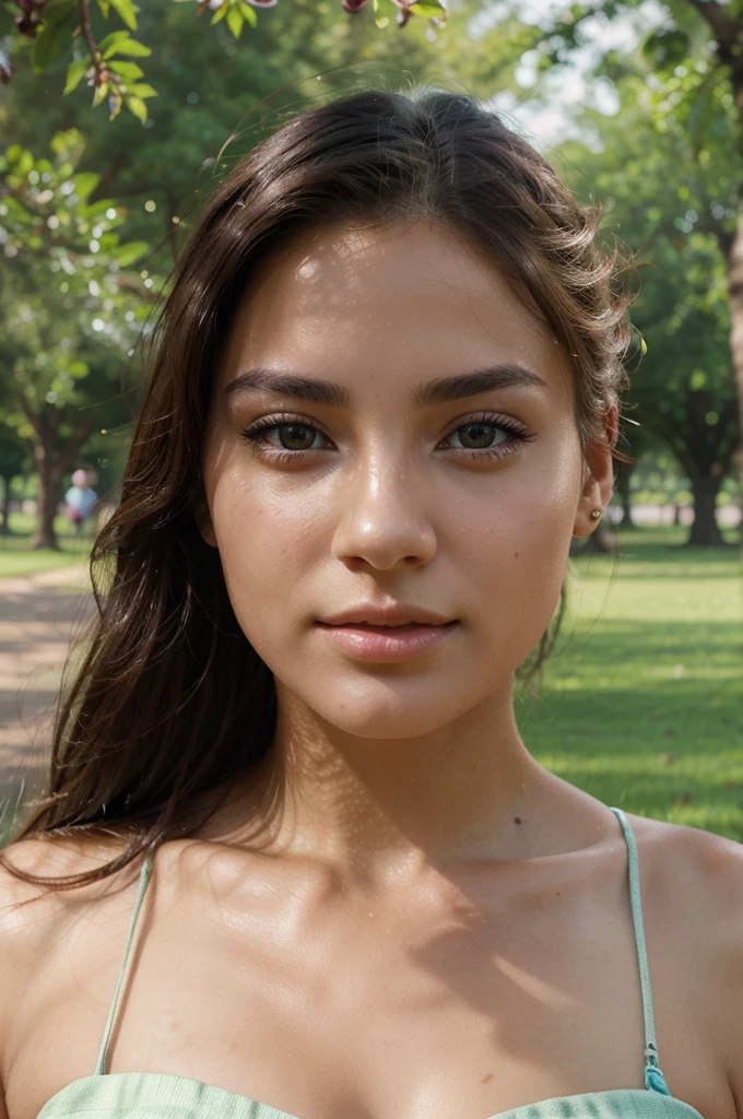 A Young beautiful woman in a park, with clear flawless skin, radiant skin ,8k, ultra detailed, extremely detailed, detailed eyes and lush lips, realistic, glowing skin.
