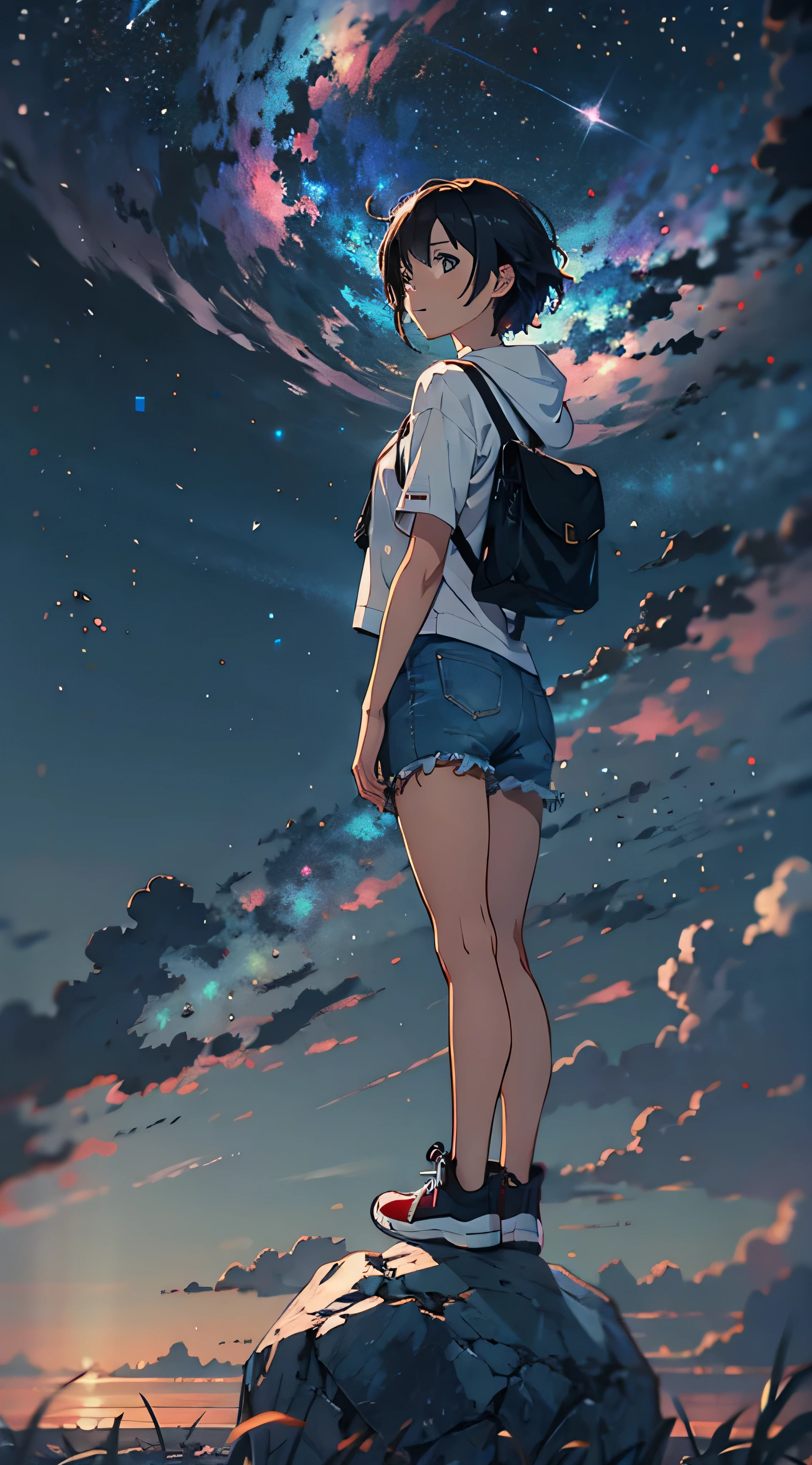 Anime girl standing on a rock looking at the star-filled night sky, Makoto Shinkai Cyril Rolland, anime art wallpaper 4k, anime art wallpaper 4k, Anime Art Wallpapers 8K, by Makoto Shinkai, Inspired by Cyril Rolland, Dan Mumford&#39;s Artwork Style, Awesome Wallpapers, by Yuumei