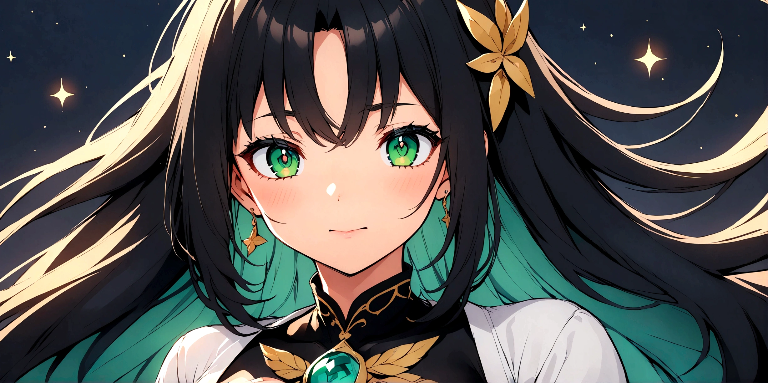 Adult anime girl with long black hair and green eyes Mystical version