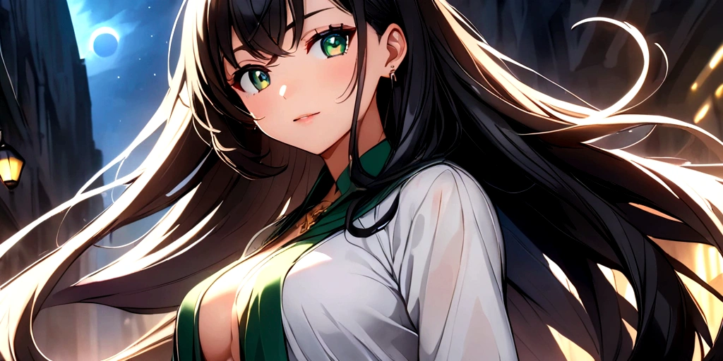 Adult anime girl with long black hair and green eyes Mystical version