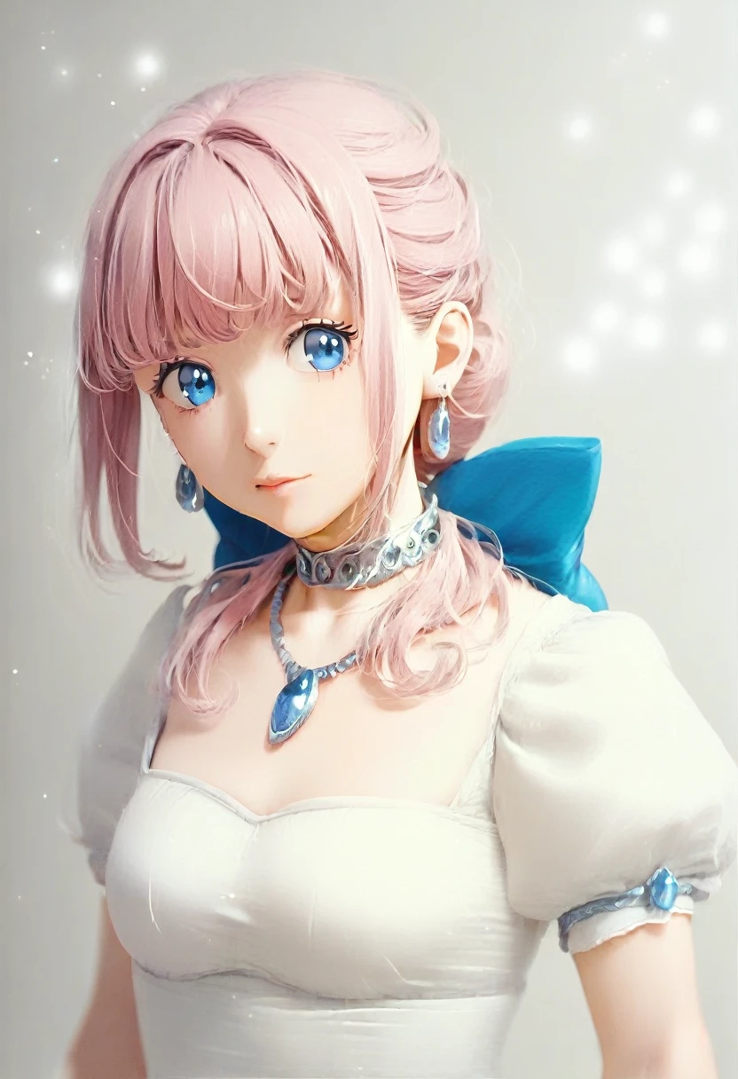 masterpiece, Highest quality, figure, Sax Blue, Platinum Earrings, Platinum Necklace, White Dress, ((Highest quality)), ((masterpiece)), (detailed), ((Perfect Face)),Lilia, One Girl、Pink Hair、blue eyes、黒いレースのWhite Dress、large pink ribbon on the chest、One girl, cute, (Dynamic Lighting:1.2), Cinema Lighting, Delicate facial features, Fine grain, Sharp pupils, Realistic students, Depth of written boundary, Bokeh, Sharp focus, (超detailedな, bloom, shine:1.4), Lots of little gems