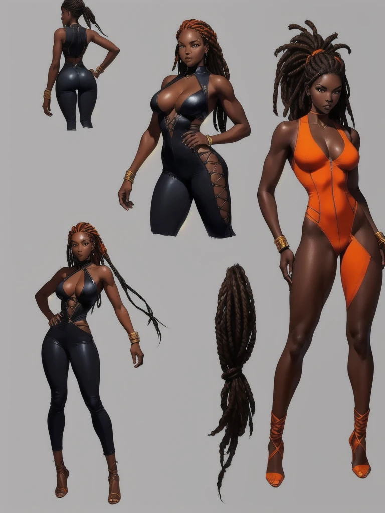 ((best quality)), ((4k)), ((highres)), ((masterpiece:1.2)). ((detailed)), ((ultra realistic)), ((intricate details)), ((full body picture)), ((character design sheet)), a full body picture of a beautifull Ebony skinned female, black woman, dark skin, ebony princess, ebony model, perfect face, detailed eyes, detailed lips, posing with her arms above her head, ((arms above her head)), about 25 years old, about 5'7 ft. tall, long thin dreadlocks down to her hips, ((emphasis on her long thin dreadlocks down to her hips)), pretty, feminine woman, toned body but not too muscular looking, hourglass figure, dressed in a skin-tight sleeveless full body orange jumpsuit, ((emphasis on the skin-tight sleeveless full body orange jumpsuit)), showing cleavage, glamorous, strappy lace up high, fighting game character concept art, tekken character design, the king of fighters character concept, full bofy, full body concept art, full body art