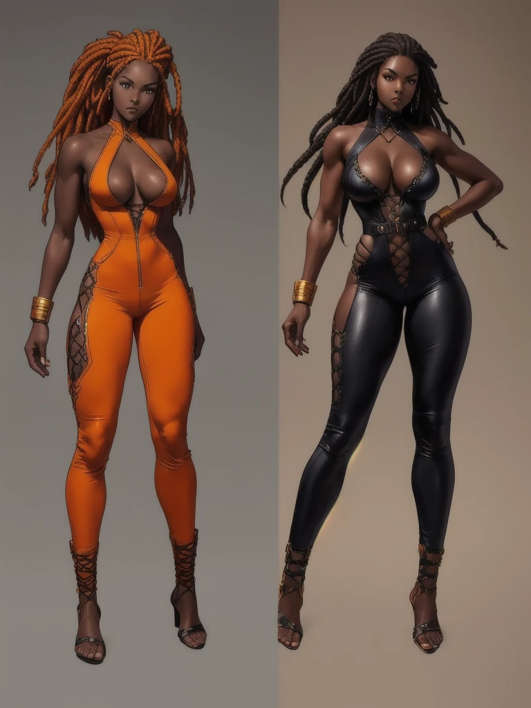 ((best quality)), ((4k)), ((highres)), ((masterpiece:1.2)). ((detailed)), ((ultra realistic)), ((intricate details)), ((full body picture)), ((solo character)), a full body picture of a beautifull Ebony skinned female, black woman, dark skin, ebony princess, ebony model, perfect face, detailed eyes, detailed lips, about 25 years old, about 5'7 ft. tall, long thin black dreadlocks down to her hips, ((emphasis on her long thin black dreadlocks down to her hips)), pretty, feminine woman, toned body but not too muscular looking, hourglass figure, dressed in a skin-tight sleeveless full body orange jumpsuit, ((emphasis on the skin-tight sleeveless full body orange jumpsuit)), gold adornments, showing cleavage, glamorous, strappy lace up high, fighting game character concept art, tekken character design, the king of fighters character concept, full bofy, full body concept art, full body art