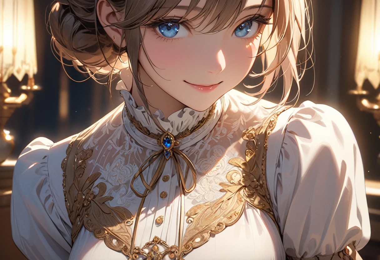 ((top quality)), ((masterpiece)), (detail), high resolution, perfect face, detailed eyes, fine eyes, cinematic lighting, 1 beautiful girl, Victorian blouse, Luxurious embroidery, medium breasts, smile
