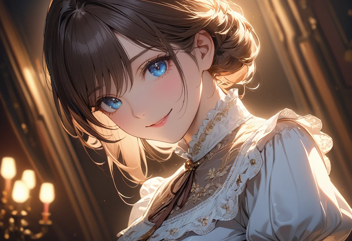 ((top quality)), ((masterpiece)), (detail), high resolution, perfect face, detailed eyes, fine eyes, cinematic lighting, 1 beautiful girl, Victorian blouse, Luxurious embroidery, medium breasts, smile