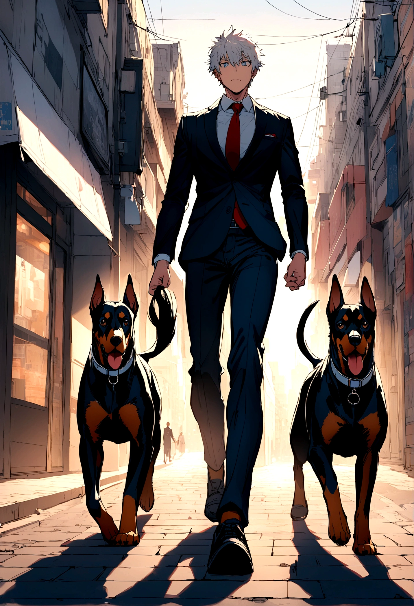 Odin's Doberman,bipedal walking,I'm wearing a suit,Morning cityscape