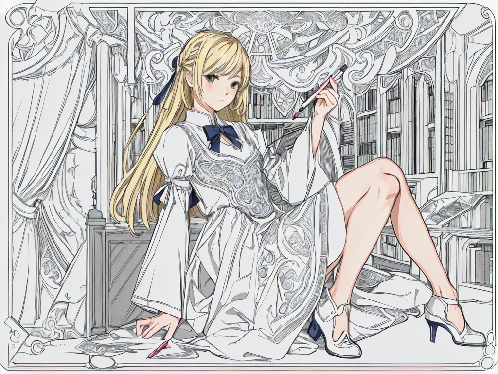 (masterpiece, Highest quality, Highest quality, beautifully、aesthetic: 1.2), (1人のgirl: 1.3), Very detailed, (Line art),Rough pen,(Full Color), (Complex Lines),(masterpiece),(Highest quality:1.1), (Super detailed),Best illustrations,In detail,Hand-painted high quality, (pale colour), (Desaturate), High Contrast,80s anime, (80s Vinyl Anime), (The outline is roughly drawn in pencil.:1.3),Set the lines a little thicker, girl,alone,(Intricate details:1.3),(色ed background:1.1),sketch, High resolution, Magical World、((Magic School))、((Inside the library))、(Light flies), Slanted Eyes, Low nose, ((Bob Hair)), Thick-soled shoes, (Blonde), ribbon, ((不思議の国のアリスをイメージしたgirl)), Thick-soled shoes, pale colour,
