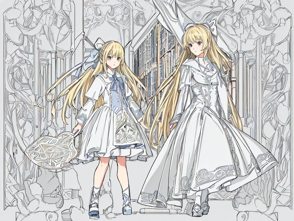 (masterpiece, Highest quality, Highest quality, beautifully、aesthetic: 1.2), (1人のgirl: 1.3), Very detailed, (Line art),Rough pen,(Full Color), (Complex Lines),(masterpiece),(Highest quality:1.1), (Super detailed),Best illustrations,In detail,Hand-painted high quality, (pale colour), (Desaturate), High Contrast,80s anime, (80s Vinyl Anime), (The outline is roughly drawn in pencil.:1.3),Set the lines a little thicker, girl,alone,(Intricate details:1.3),(色ed background:1.1),sketch, High resolution, Magical World、((Magic School))、((Inside the library))、(Light flies), Slanted Eyes, Low nose, ((Bob Hair)), Thick-soled shoes, (Blonde), ribbon, ((不思議の国のアリスをイメージしたgirl)), Thick-soled shoes, pale colour,