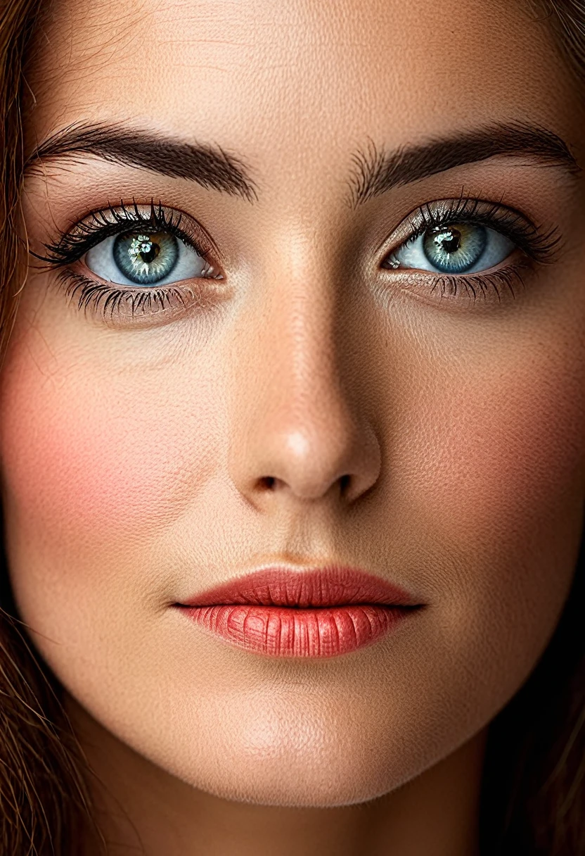 A fascinating close-up portrait of a woman's face, presenting a unique dichotomy. The left side is elegant, liquid metal machinery, dynamically dripping and flowing as if it were a living entity. The metallic fluid shines and reflects, creating an illusion of depth and movement. The right side, in stark contrast, continues to be natural, soft human face, unfazed by the futuristic counterpart. The transition between the two halves is seamless, but surprisingly apparent, Catching the viewer's attention. The woman's eyes are expressive, conveying a sense of intrigue and otherworldliness. Your hair flows gracefully, framing the face and accentuating the unique fusion between human and machine. The background fades into a dark, mysterious nuance, allowing the focal point to remain solely on the woman's face and her remarkable transformation.