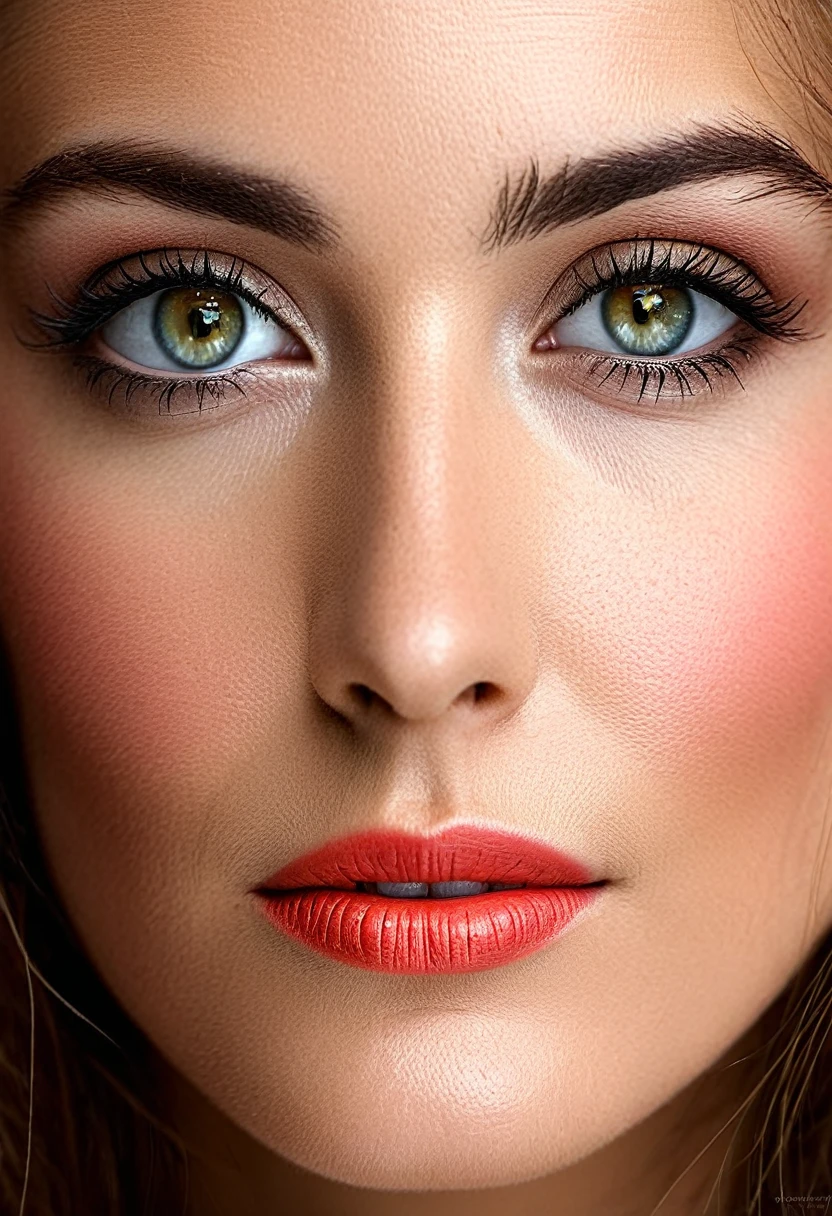 A fascinating close-up portrait of a woman's face, presenting a unique dichotomy. The left side is elegant, liquid metal machinery, dynamically dripping and flowing as if it were a living entity. The metallic fluid shines and reflects, creating an illusion of depth and movement. The right side, in stark contrast, continues to be natural, soft human face, unfazed by the futuristic counterpart. The transition between the two halves is seamless, but surprisingly apparent, Catching the viewer's attention. The woman's eyes are expressive, conveying a sense of intrigue and otherworldliness. Your hair flows gracefully, framing the face and accentuating the unique fusion between human and machine. The background fades into a dark, mysterious nuance, allowing the focal point to remain solely on the woman's face and her remarkable transformation.