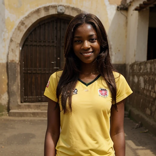 a young, Dark-skinned teenager, brown-hair,17 ans, origine Ghana, and soft,very kind,very calm and serene, pretty shy, sportswoman dressed in the Ghana jersey, rather smiling